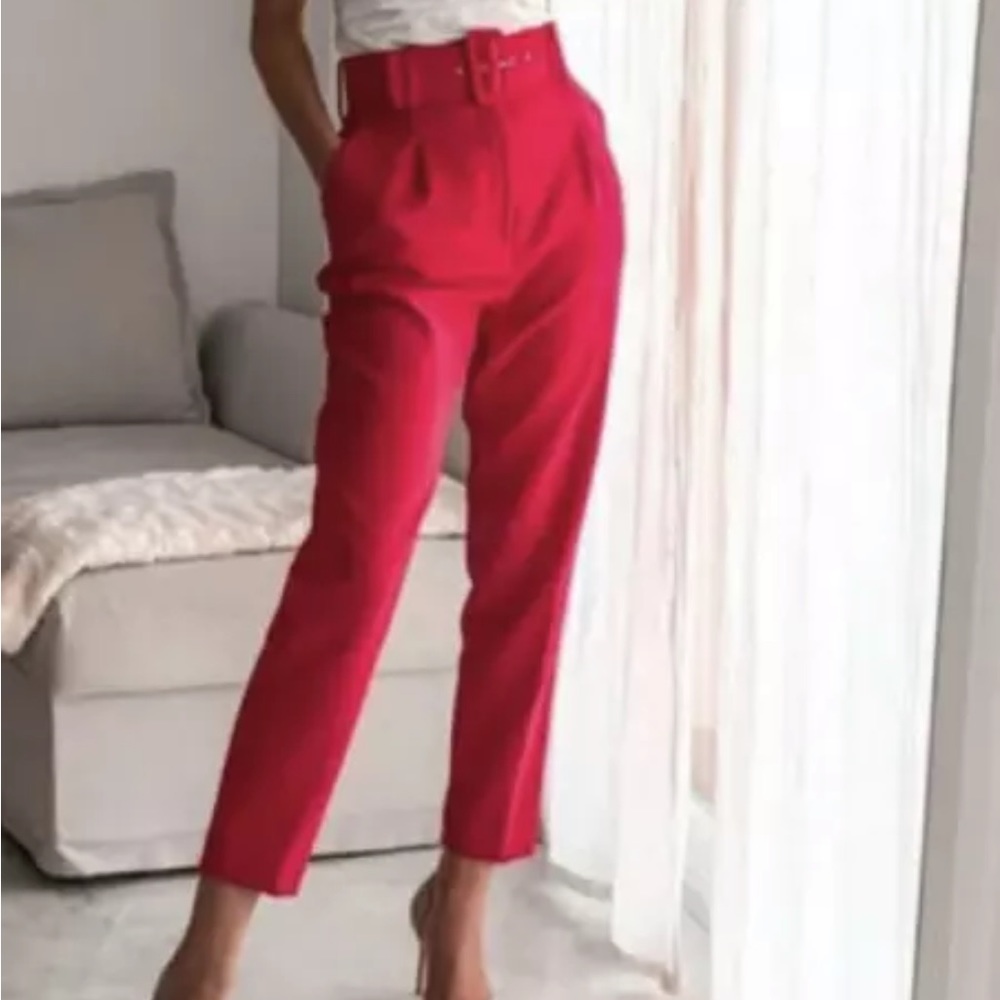 Zara HIGH-WAIST SKINNY TROUSERS W/ BELT Red NEW